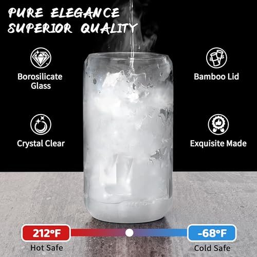 12Pcs Glass Cups with Bamboo Lids and Straws, 16oz Can Shaped Glass