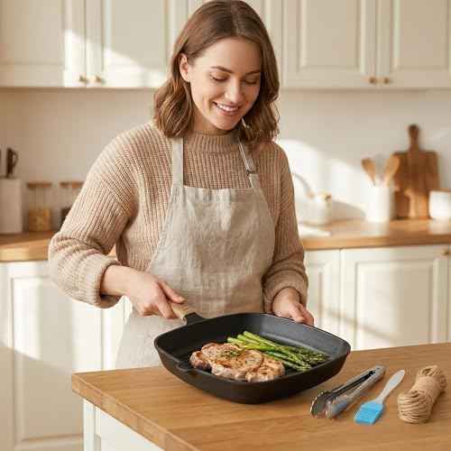 Cast Iron Grill Pan, 9.5" Square Griddle Skillet with Pour Spout, Oven Safe