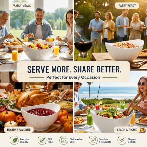 60oz Large Ceramic Salad Bowl with Acacia Wood Utensils, 10" Oval White Serving Bowl for Soup, Pasta, Fruit, Snacks – Mixing Bowls for Entertaining, Party, Kitchen, Dinner – Housewarming Gift