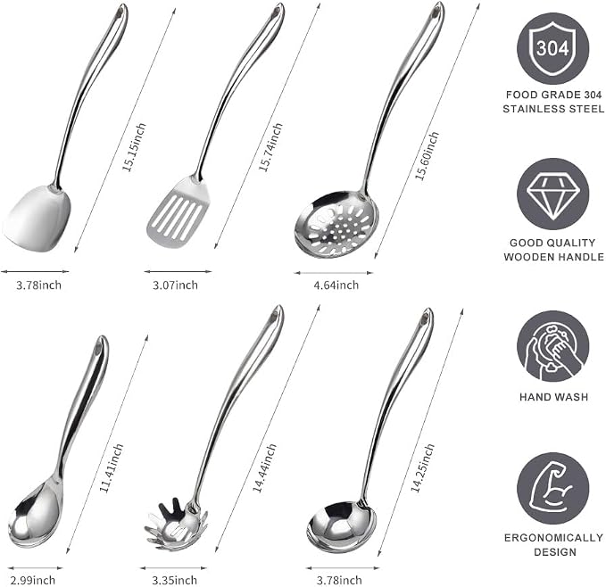 VALESKA 6PCS Stainless Steel Cooking Utensils Set, Metal Kitchen Utensils Set - Image 2