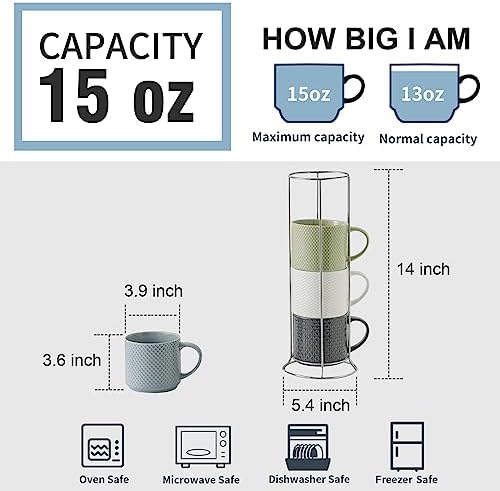 HASENSE Coffee Mugs with Metal Stand,15 oz Ceramic Stackable Mug Set