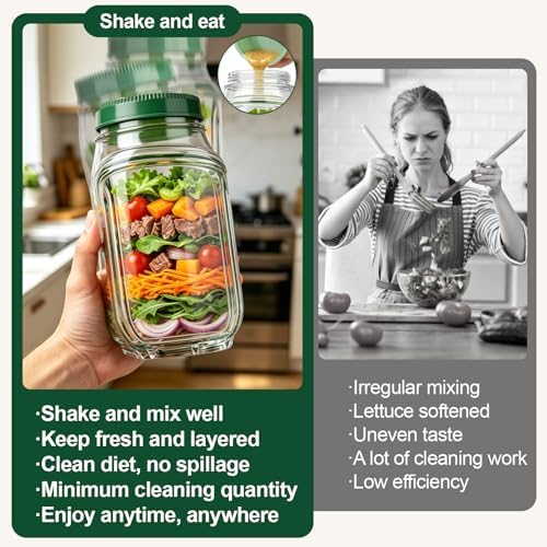 Salad Jar with Side Opening,33.8oz Portable Mason Jars with Dressing