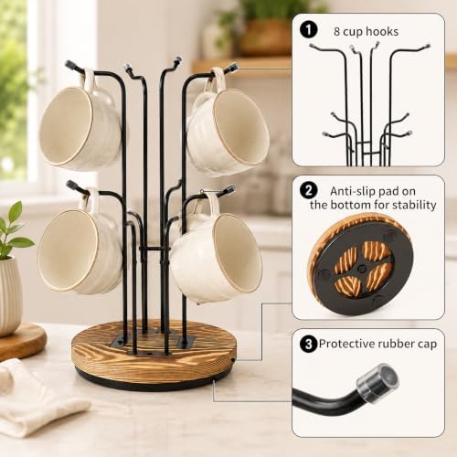 360° Rotating Large Coffee Mug Tree with 8 Hooks, Mug Tree Stand
