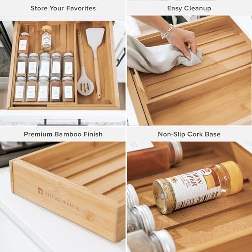 KitchenEdge Expandable Spice Drawer Organizer | Natural Bamboo