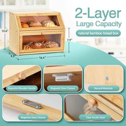Bread Box for Kitchen Countertop, Large Double Layer Bamboo Bread Storage Box with Clear Door, Includes 20 Bread Bags & Labels, Farmhouse Kitchen Storage Organizer (Natural Bamboo)
