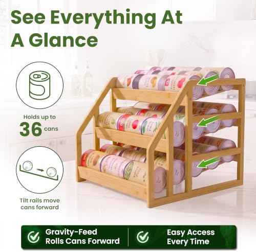 HOMESTEAD Bamboo Can Organizer for Pantry - 3 Tier Rack with Adjustable Dividers, Gravity Feed Canned Goods Organizer, 36 Cans Soda Storage
