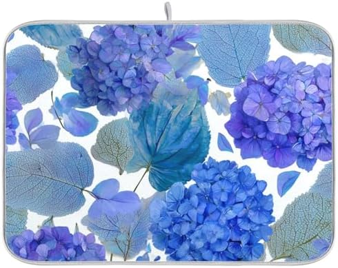 OTVEE Blue Hydrangea Blossom Decor Dish Drying Mat for Kitchen Counter