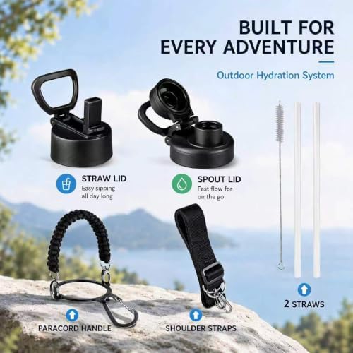 KXIAOCHEN Insulated Water Bottle with Strap, 48-Hour Cold, 2 Lids