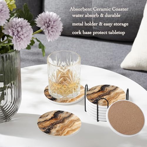Dark Brown Drink Coasters Set of 6, Beige Black Mixed Marble Round