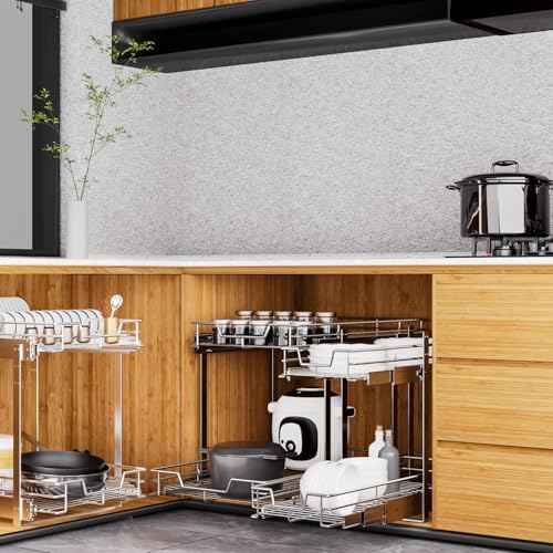 EZKAZA Pull Out Cabinet Organizer 20.5" W x 21" D, 2-Tier Kitchen Cabinet Pullout Shelf and Drawer Organizer Slide Out Pantry Storage Basket, 19.2" W x 21" D x 2.4" H for Bottom Basket Size