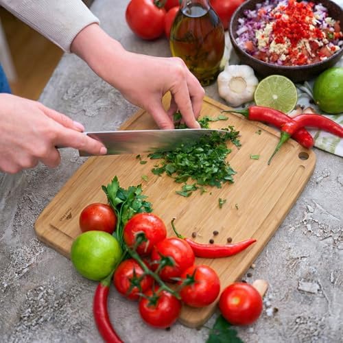 Bamboo Cutting Board Set of 3 with Storage Holder, Reversible Wood