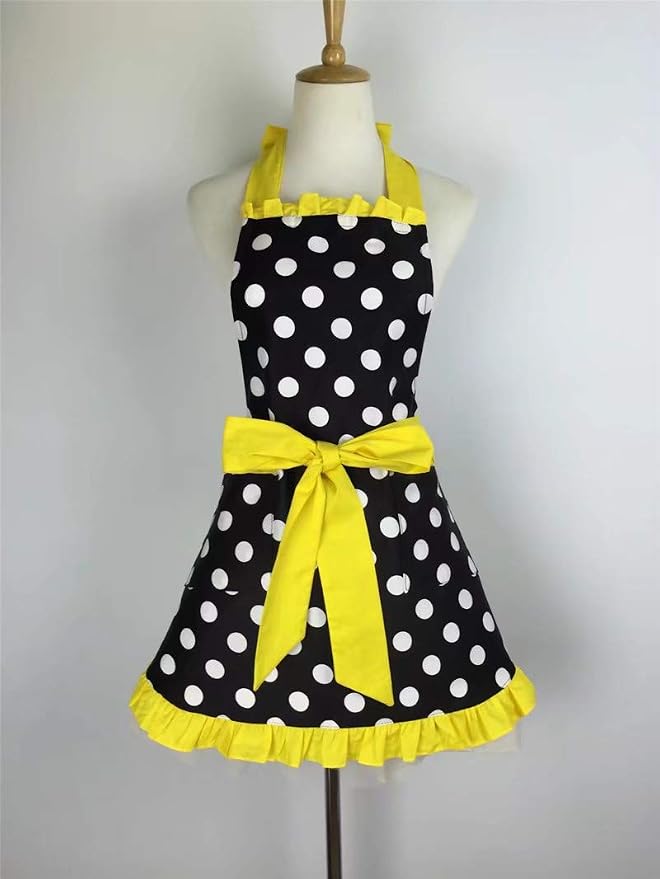 Hyzrz Cute Apron Retro Black Polka Dot Retro Ruffle Side Vintage Cooking Aprons - Image 2