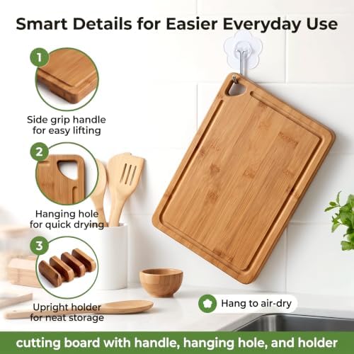 3-Piece Bamboo Cutting Board Set with Holder, Juice Groove for Kitchen