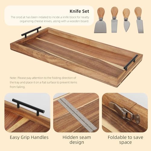 Large Charcuterie Board 32 x 12 Inch, Foldable Acacia Wood with 4
