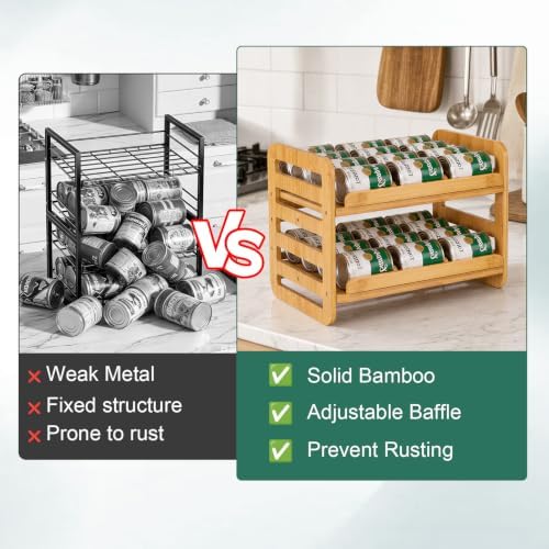 Bamboo Rolling Can Organizer for Pantry: Double-Tier Automatic Rolling