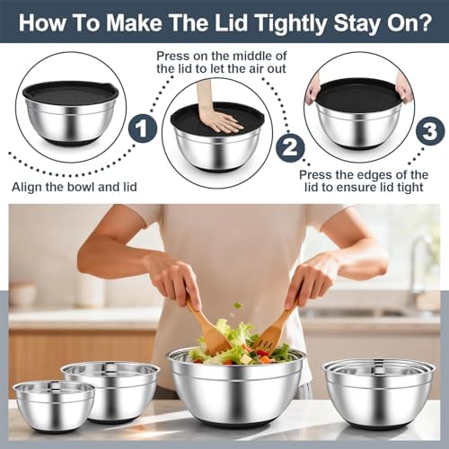 TeamFar Mixing Bowls, Stainless Steel Salad Bowls with Lids - Black