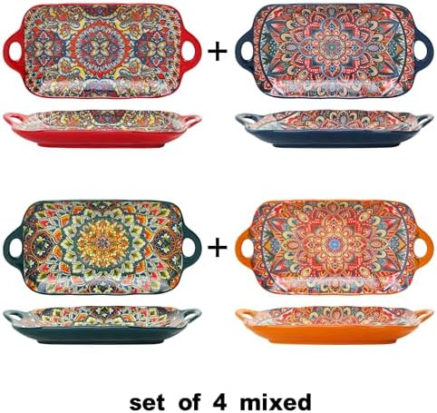 Boho Ceramic Serving Platters with Handles Set of 4, 12.59 Inch Large