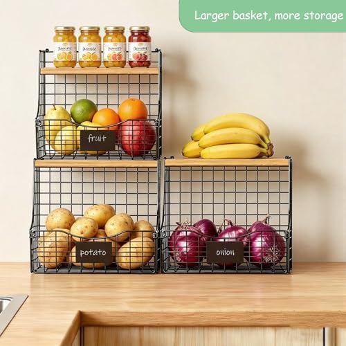 3 Pack Wire Fruit Baskets with Wood Lid
