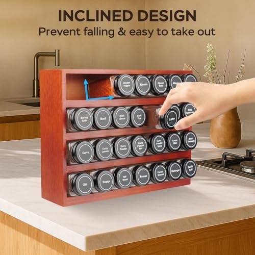 Bamboo Spice Rack Organizer with 28 Glass Spice Jars 4 oz Set Cherry