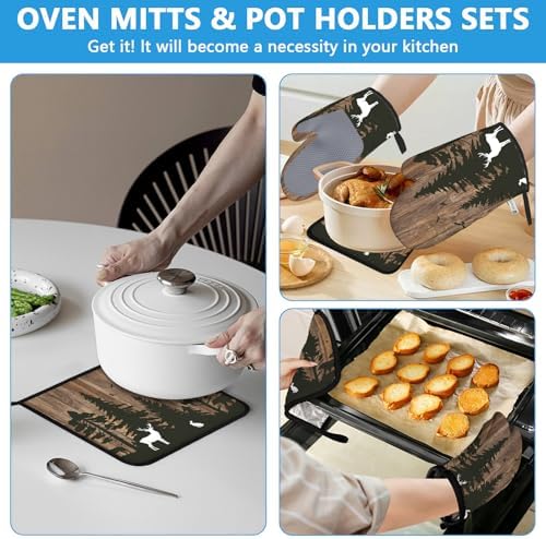 Deer Forest Wood Grain Oven Mitts and Pot Holders Set, 4Pcs