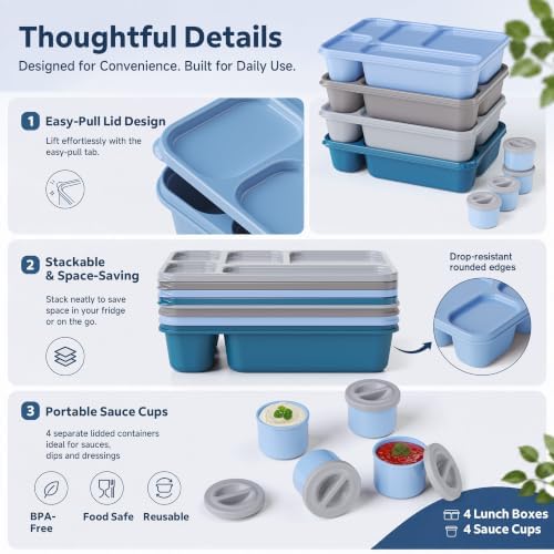 4 Packs Bento Snack Box Container for Adults with 4 Sauce Cups, Blue