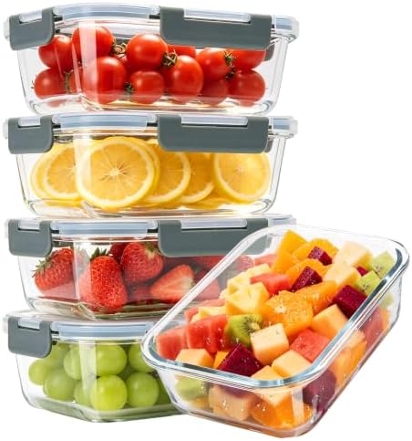 5 Pack 22 oz Glass Food Storage Containers, Grey
