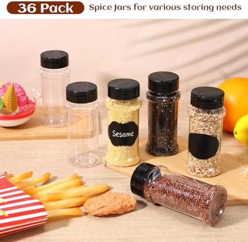 36 Pack 3 Oz Clear Plastic Spice Jars with Black Flip Lids and Labels