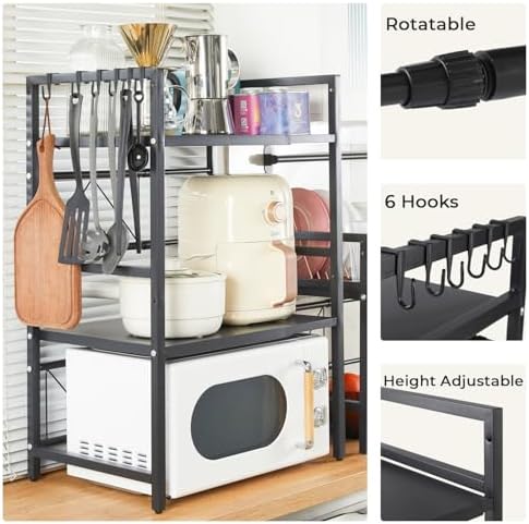 Expandable 3-Tier Microwave Rack with 6 Hooks