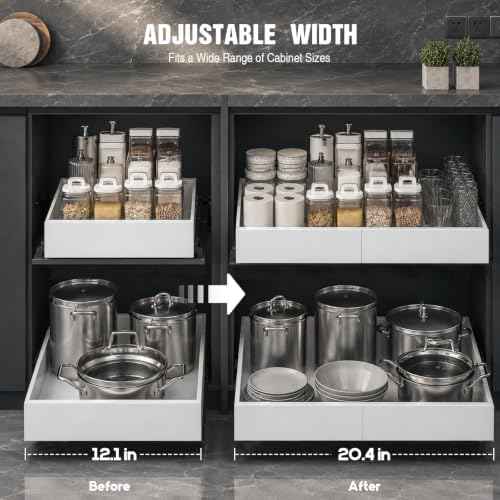 Seinloes 4 Pack Expandable Pull Out Cabinet Organizer 21"Deep With Raising Pad for Framed Cabinets,Upgrade 3 Slide Rails Slide Out Drawers,No Drill Roll Out Shelves,Adjustable Width 12.1"-20.4" White