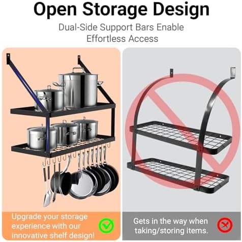 Miyili 30-Inch Kitchen Pot Rack with 15 Hooks, Wall Mounted Hanging Rack for Storage Organizer, 2-Tier Pots Hangers Shelf (Matte Black)