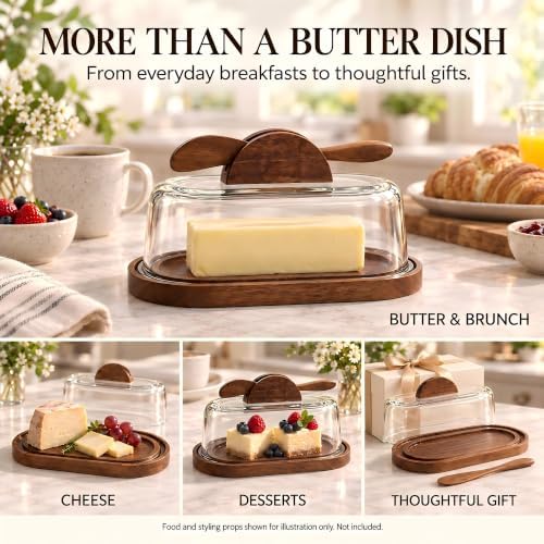Glass Butter Dish with Lid & Knife, Acacia Wood Base