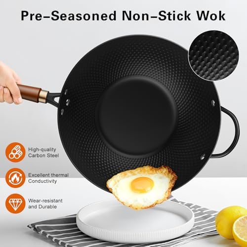 Todlabe Wok with Lid, 13 Inch Carbon Steel Woks & Stir-fry Pans Nonstick
