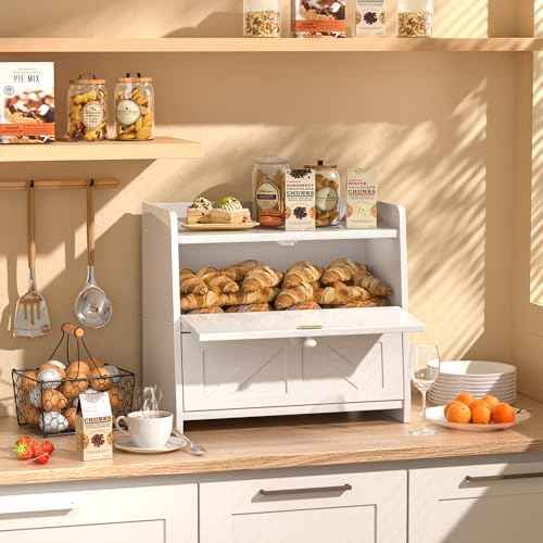 Bread Box for Kitchen Countertop, Double Layer Wooden Breadbox, Large Capacity Bread Storage Bin, Homemade Bread Storage Container, Farmhouse Breadbox Organizer, White