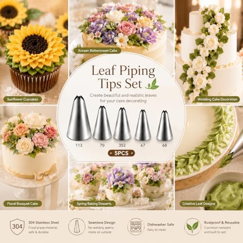 5 Pcs Leaf Piping Tips Set, Stainless Steel Cake Decorating Tips for