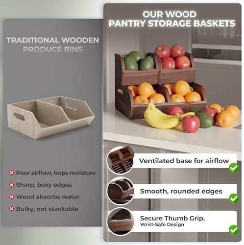 Acacia Wood Pantry Storage Bins - Stackable Open Front Kitchen Baskets
