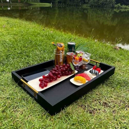 14x20 Inches Black Faux Leather Wrappen Wood Serving Tray with Metal