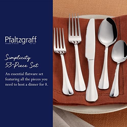 Pfaltzgraff Simplicity 53-Piece Flatware Set, 18/0 Stainless Steel Silverware Set for 8 with Serving Utensils, Classic Dining Cutlery for Everyday Use and Entertaining