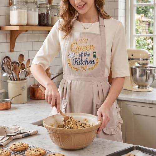 Elife Embroidered Apron,Ruffle Kitchen Cooking Apron with Pockets for