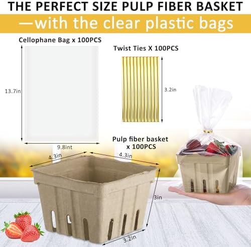 Amyhill 100 Pack Pulp Fiber Basket Set Include 100 Strawberry Berry