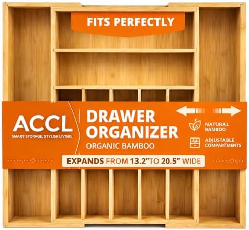 Expandable Bamboo Silverware Organizer, Adjustable Drawer Organizer