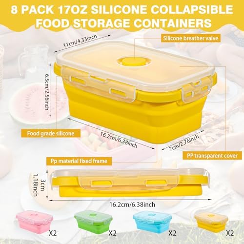 8 Pcs silicone food storage containers, 17 Oz/500 Ml Silicone Bowls