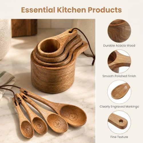 8 Piece Wooden Measuring Cups and Spoons Set Solid Acacia Wood