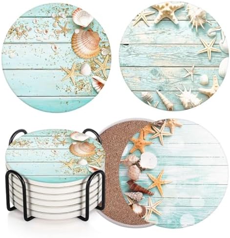 Britimes Coasters for Drinks, Set of 6, Ceramic Stone, Coastal Beach