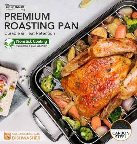 MICHELANGELO Roasting Pan with Rack, Carbon Steel Turkey Roasting Pan for Oven and Induction, Nonstick Turkey Roaster Pan with Stainless Steel Rack, 15 Inch x 11 Inch