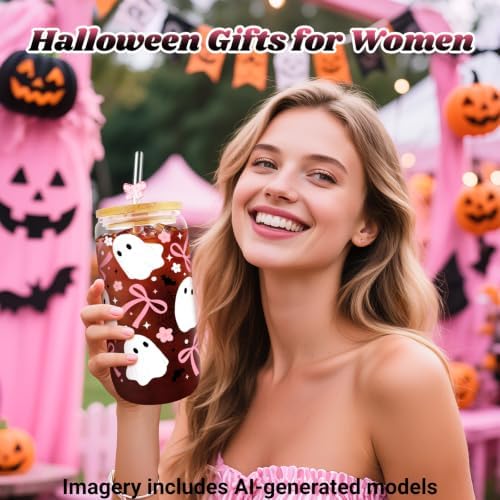 Halloween Glass Cups with Lids and Straws, Cute Halloween Gifts Basket