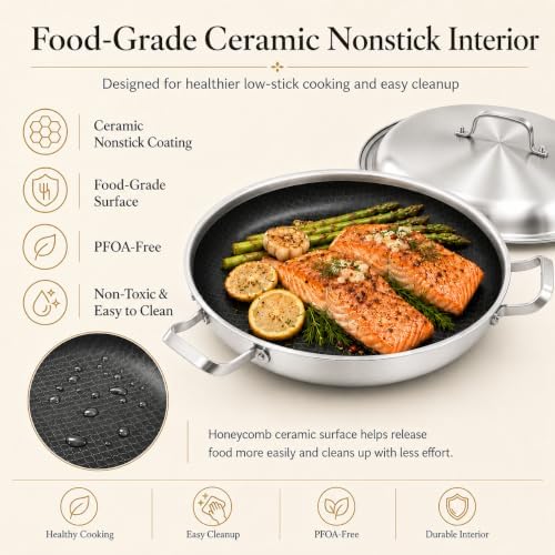 DELARLO 16 Inch Stainless Steel Nonstick Paella Pan with Lid