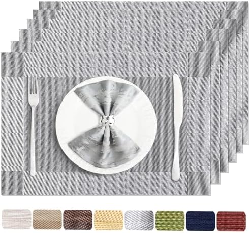 Silver Grey Vinyl Placemats Set of 6, Heat Resistant Table Placemats