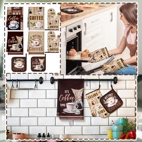 Fourluoo 8-Piece Coffee Kitchen Towels and Pot Holders