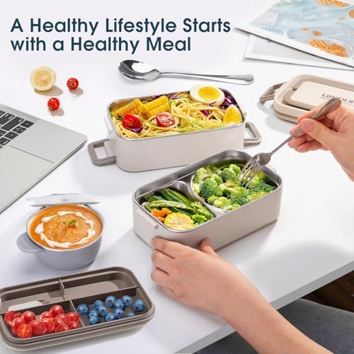 kids Adults Stainless Steel Lunch Box, 2 Layer, Leak-Proof, Beige
