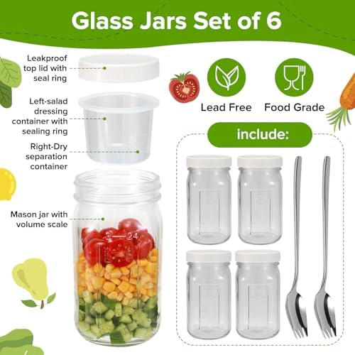 4 Pack Glass Salad Mason Jars with Lids Meal Prep 32 oz Wide Mouth